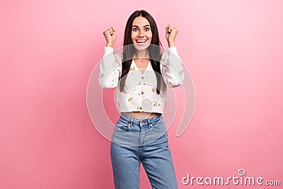 Photo of crazy hispanic lady brunette charming person raised fists up winner her beauty salon competition isolated on Stock Photo