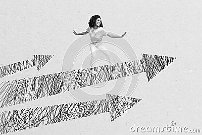 Photo creative collage picture young girl surfer go forward arrow pointers increase rise up reach goal target success Stock Photo