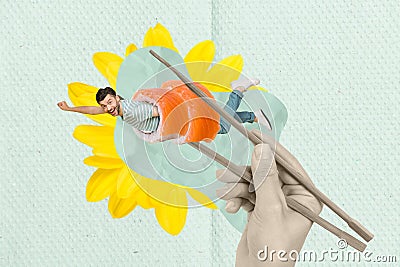 Photo creative illustration of young man collage flying inside huge philadelphia roll weekend sale sushi isolated on Cartoon Illustration