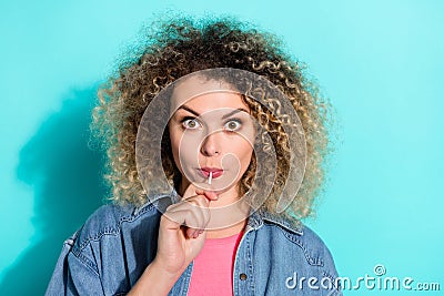 Photo of curious funky crazy lady lollipop mouth enjoy suck wear jeans jacket isolated turquoise color background Stock Photo