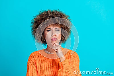 Photo of cute lovely minded woman wear stylish knitted clothes arm touch face hmm dilemma isolated on blue color Stock Photo