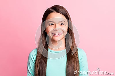 Photo of cute sweet lovely little small lady kid model long hairstyle toothy shiny beaming smile wear casual stylish Stock Photo