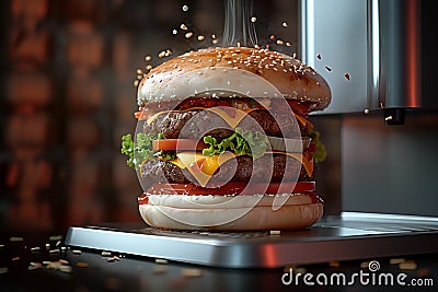 Photo Cutting edge technology transforms ingredients into mouthwatering burger Home innovation Stock Photo