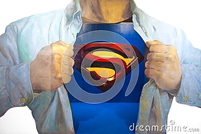 Photo of 3D Wall Painting of Superman, from a famous scene where Clark Kent is transforming into Superman by wearing on top of hi Editorial Stock Photo