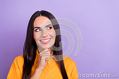Photo of deep thinking business lady wear orange formal shirt touch chin minded look empty space strategical isolated on Stock Photo