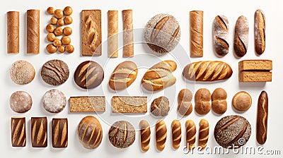 Photo of a delicious assortment of fresh breads and pastries on a crisp white background Stock Photo