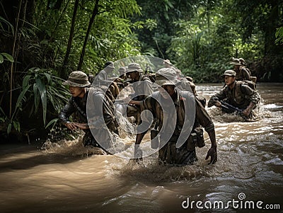 Soldiers Crossing a Treacherous River Stock Photo
