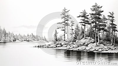 Serene Black And White Pencil Drawing Of Pine Trees By The Water Stock Photo