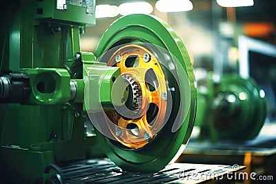 Photo of a detailed shot of a vibrant green machine with bright yellow wheels. Modern metal processing at an industrial enterprise Stock Photo