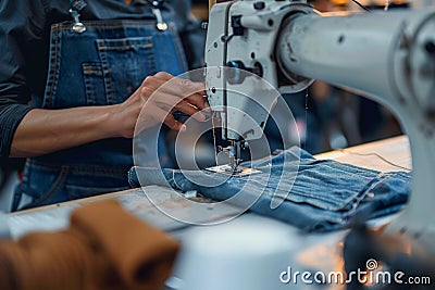 Photo Detailed view dressmaker woman sews clothes with precision in factory Stock Photo