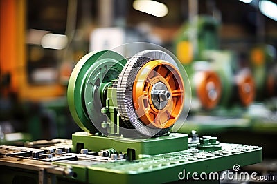 Photo of a detailed view of a vibrant green machine with contrasting orange wheels. Modern metal processing at an industrial Stock Photo