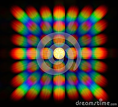 Photo of the diffraction pattern of LED lamp light, comprising a large number of diffraction orders Stock Photo