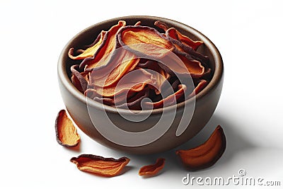 Photo of a Dried Mango in bowl isolated on solid bright white background. ai generative Stock Photo