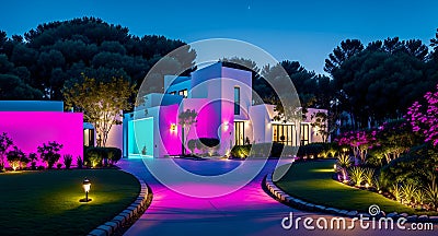 Ai generated a driveway illuminated with purple lights at night creating a striking visual effect Stock Photo