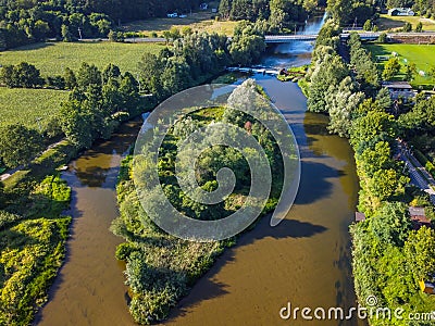 A photo from a drone showing the Warta River in central Poland. Stock Photo