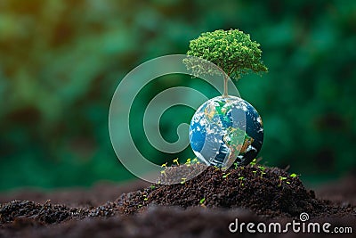 Photo Earth friendly power Tree and globe symbolize sustainable clean energy sources Stock Photo