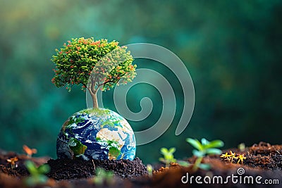 Photo Earth friendly power Tree and globe symbolize sustainable clean energy sources Stock Photo