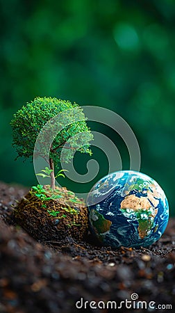 Photo Earth friendly power Tree and globe symbolize sustainable clean energy sources Stock Photo