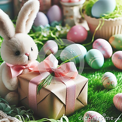 photo of Easter bunny paper gift egg wrapping in grass Stock Photo