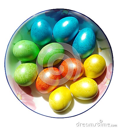 Photo of Easter colored eggs on a plate. Stock Photo