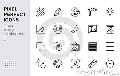 Photo edit line icon set. Image filter, add sticker, adjust curves, glow, heal minimal vector illustration. Simple Vector Illustration