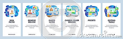Photo editing and image retouching software application, photo filter. Mobile app onboarding screens. Menu vector banner Vector Illustration