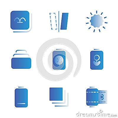 Photo editor icon set include gallery, device, photos, set, camera, mirror, option, day, light, optional, photo set, gallery, Vector Illustration