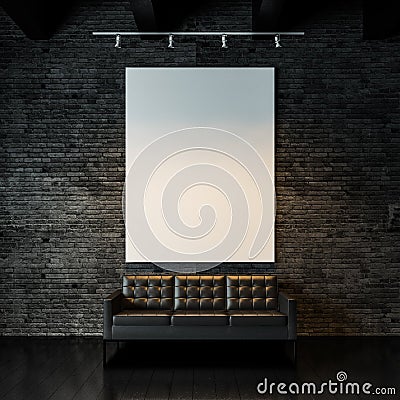 Photo of empty canvas on the black bricks wall Stock Photo