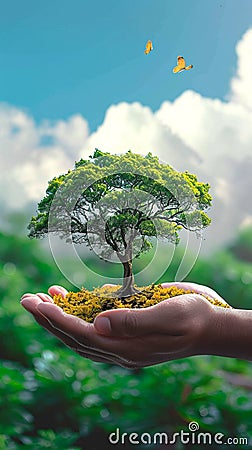 Photo Environmental stewardship CO2 reduction concept with trees, promoting clean air Stock Photo