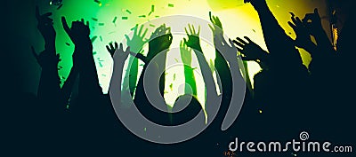 Photo of excited clubbers bachelors raise hands up enjoy show performance event on green bright glitter neon Stock Photo