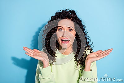 Photo of excited crazy brunette lady open mouth hold palms look camera wear green sweater isolated blue background Stock Photo