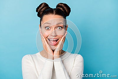 Photo of excited crazy lady palms cheekbones open mouth wear white sweater isolated blue color background Stock Photo