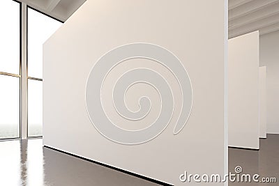 Photo exhibition space modern gallery.Big white empty canvas hanging contemporary art museum.Interior loft style with Stock Photo