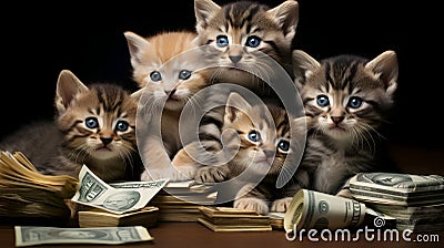 photo of family cats sitting in pile dollars bills Cartoon Illustration