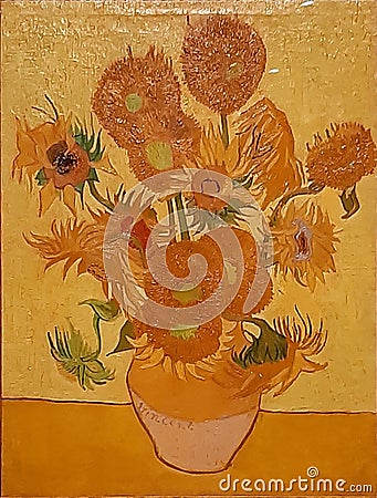 Photo of the famous original painting: `Sunflowers` by Vincent Van Gogh. Frameless. Editorial Stock Photo