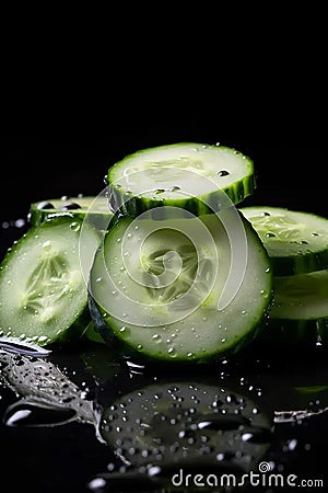 Ring-sliced cucumbers with water droplets on the table in close-up. Stock Photo