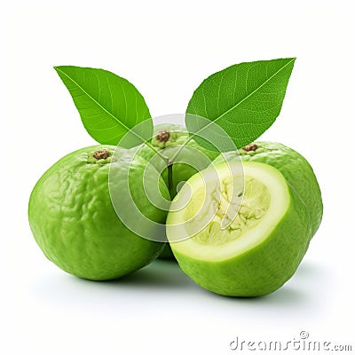 Vibrant Guava Fruits With Leaves On White Background Stock Photo