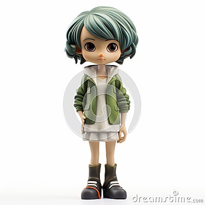 Rei Zenrin Figure: Green Hair Cartoon Girl With Highly Detailed Colored Portraiture Stock Photo