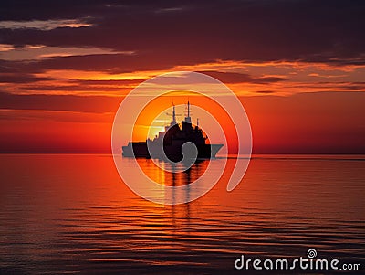 Warship Silhouette Sailing at Sunset Stock Photo