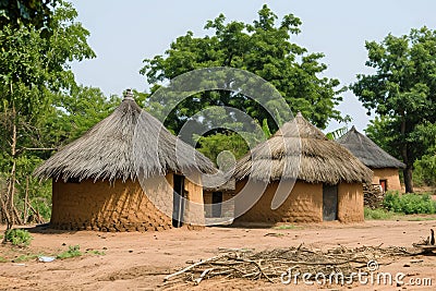 A photo featuring a dirt field with a couple of huts, showcasing the simple dwellings on a rustic landscape, A traditional African Stock Photo