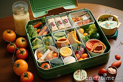 A photo featuring a green lunch box overflowing with a diverse assortment of delectable food, A lunchbox filled with organic food Stock Photo