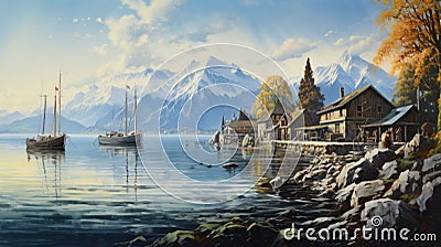 Peaceful Harbor With Cottage, Trees, And Beautiful Sky Stock Photo