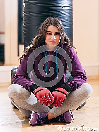 Photo of female kickboxer,having break in training Stock Photo