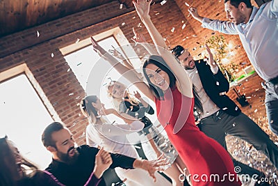 Photo of festive group best friends dance floor x-mas party confetti falling amazing crazy chilling mood wear formalwear Stock Photo