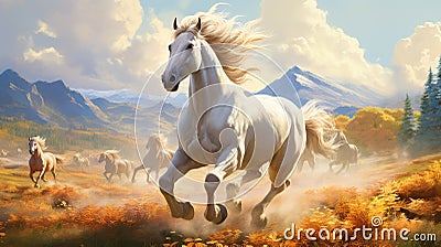 White Horse Running In The Mountains - Detailed 8k Prairiecore Painting Stock Photo