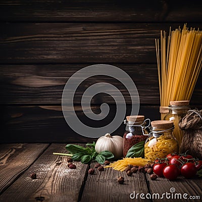 Photo flat lay of food ingredients for italian pasta, tomato, basil, garlic, onion, oil, salt, pepper, spaghetti pasta . Wooden Stock Photo