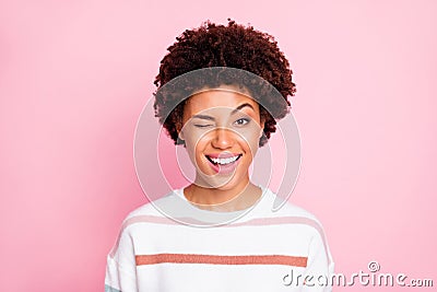 Photo of flirty cheerful charming fascinating cute black girlfriend blinking you smiling toothily beaming shine isolated Stock Photo