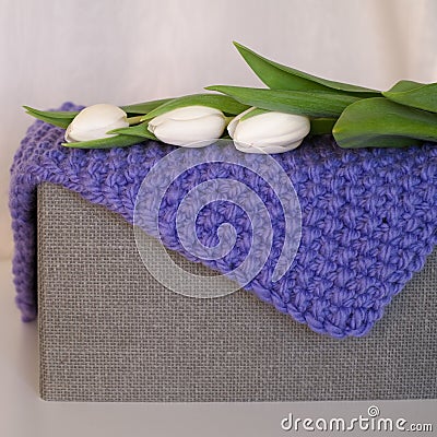 Folded knitted blanket on the gray box Stock Photo