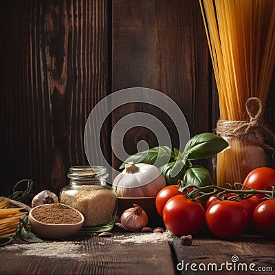 Photo of food ingredients for italian pasta, tomato, basil, garlic, onion, oil, salt, pepper, spaghetti pasta . Wooden rustic Stock Photo
