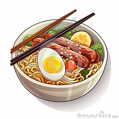 Delicious Noodles And Sausages Plate With Chopsticks Vector Illustration Stock Photo